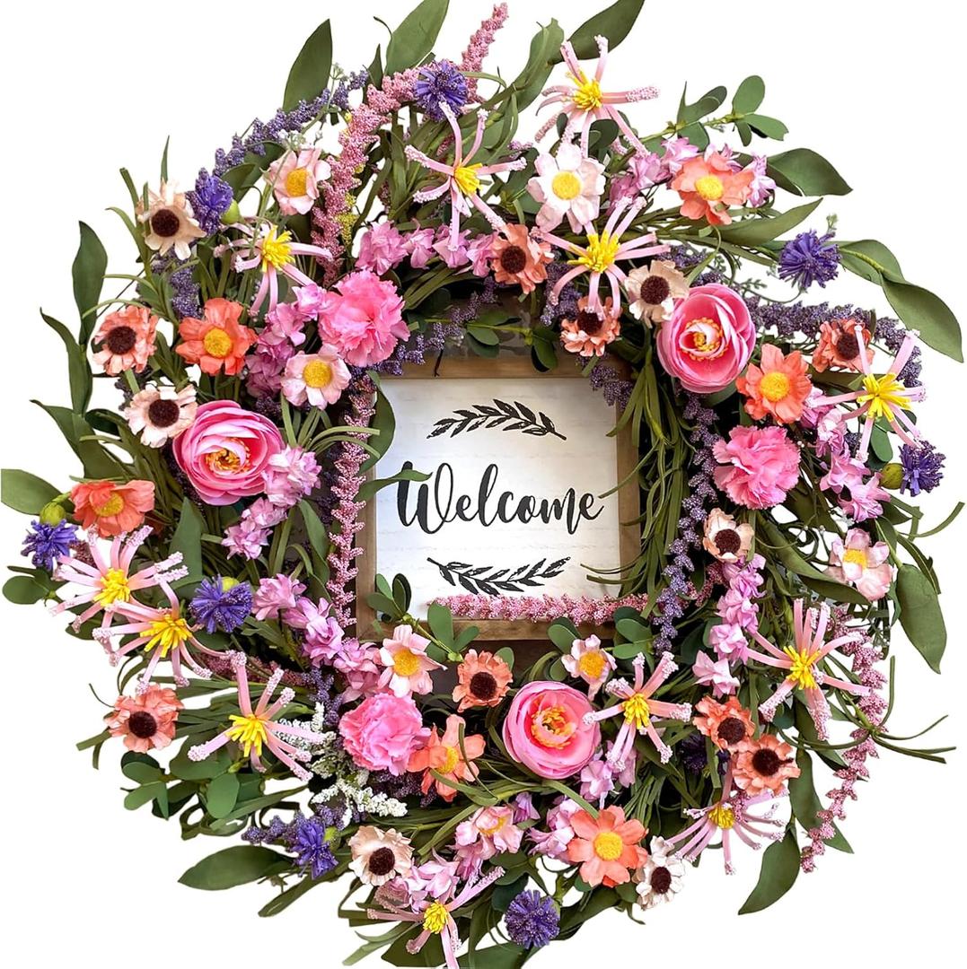 idyllic Spring Summer Wreath for Front Door - 22 Inch Artificial Floral Wreath with Roses, Wild Flowers, Leaves & Welcome Board - Farmhouse Indoor/Outdoor Wall Decor