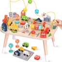 Wooden Montessori Activity Table for Toddlers, Baby Busy Table with Bead Maze, Shape Sorter, Cars & Road Signs, Traffic Learning Activity Center Sensory Toys for Birthday Gift Boys Girls 1+ Year Old (Vibrant Mix of Red, Blue, Green, and Yellow)