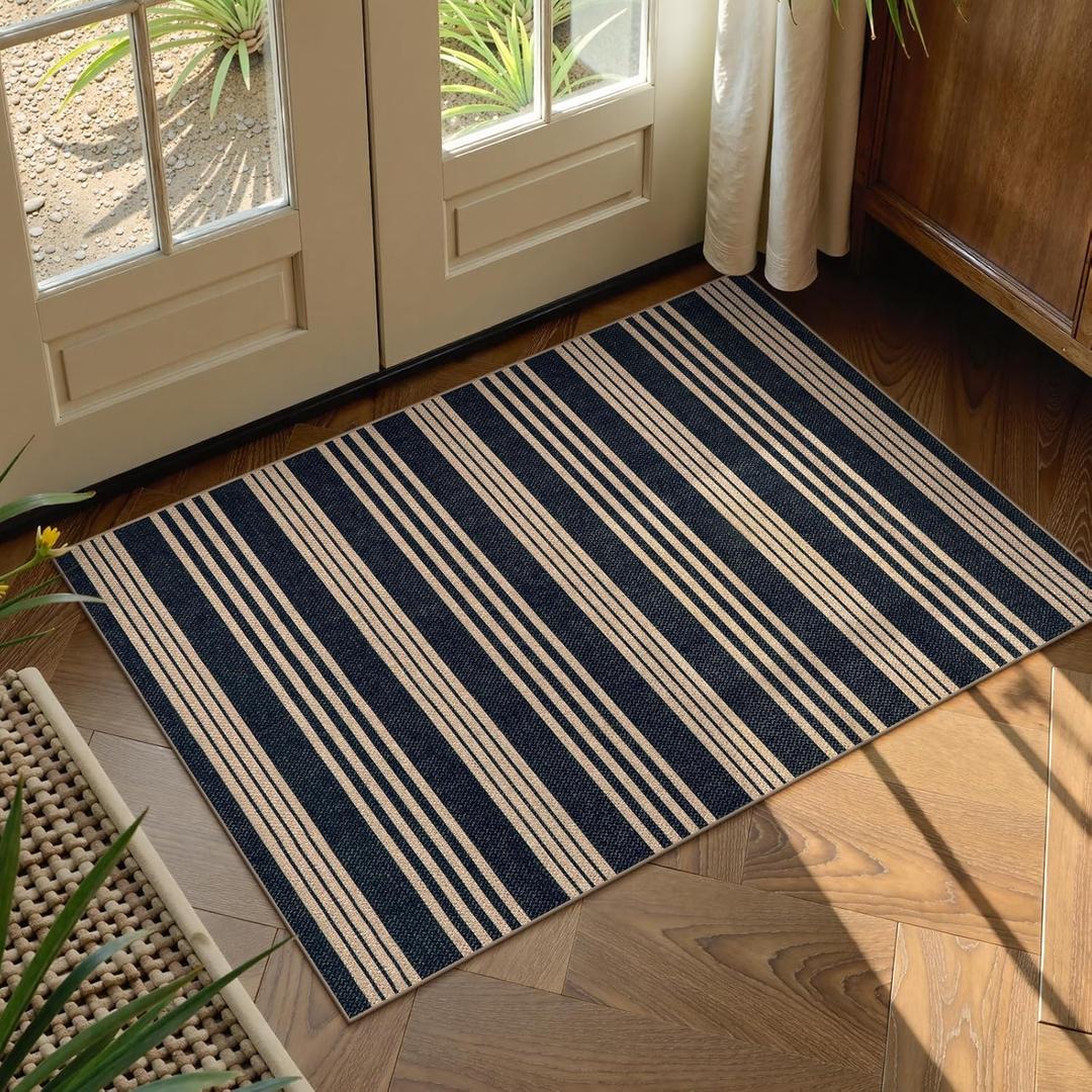Lahome Striped Easy Jute Front Door Mat, 2x3 Washable Kitchen Rug Small Indoor Outdoor Rugs for Entryway, Farmhouse Neutral Lightweight Non Slip Black Carpet for Foyer