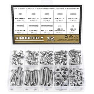 152 Pieces #10-24 x 1/4", 5/16", 3/8", 1/2", 5/8", 3/4", 1", 1-1/4", Button Head Socket Cap Screws Nuts Washers Assortment Kit, 304 Stainless Steel, Fully Machine Thread
