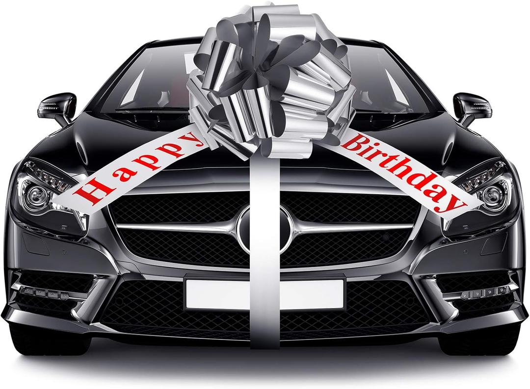 Big Happy Birthday Car Bow Large Decorative Gift Wrapping Giant Pull Ribbon Bow for Birthday Christmas Party Decoration(25 Inches,Silver)