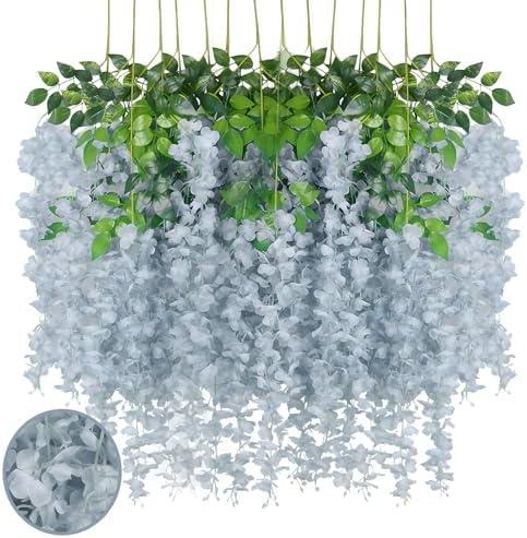 Luerbi 24 Pack Grey Wisteria Hanging Flowers Garland, 3.77 Feet Artificial Flower Vines, Fake Wisteria, Artificial Vines Hanging Garland for Backdrop Outdoor Yard Garden Decor