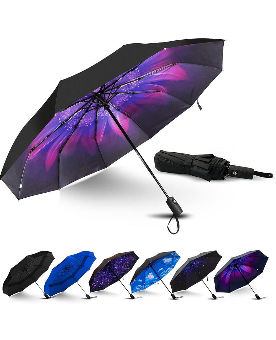 LLanxiry Umbrella Windproof Travel Umbrellas for Rain Black Folding Umbrellas 10 RIBS Automatic Strong Portable Wind Resistant Backpack Umbrella for Men and Women