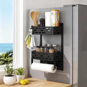 2-in-1 Magnetic Spice Rack & Paper Towel Holder for Fridge - 4 Hooks Kitchen Space Saver, Black Fridge Magnet Organizer