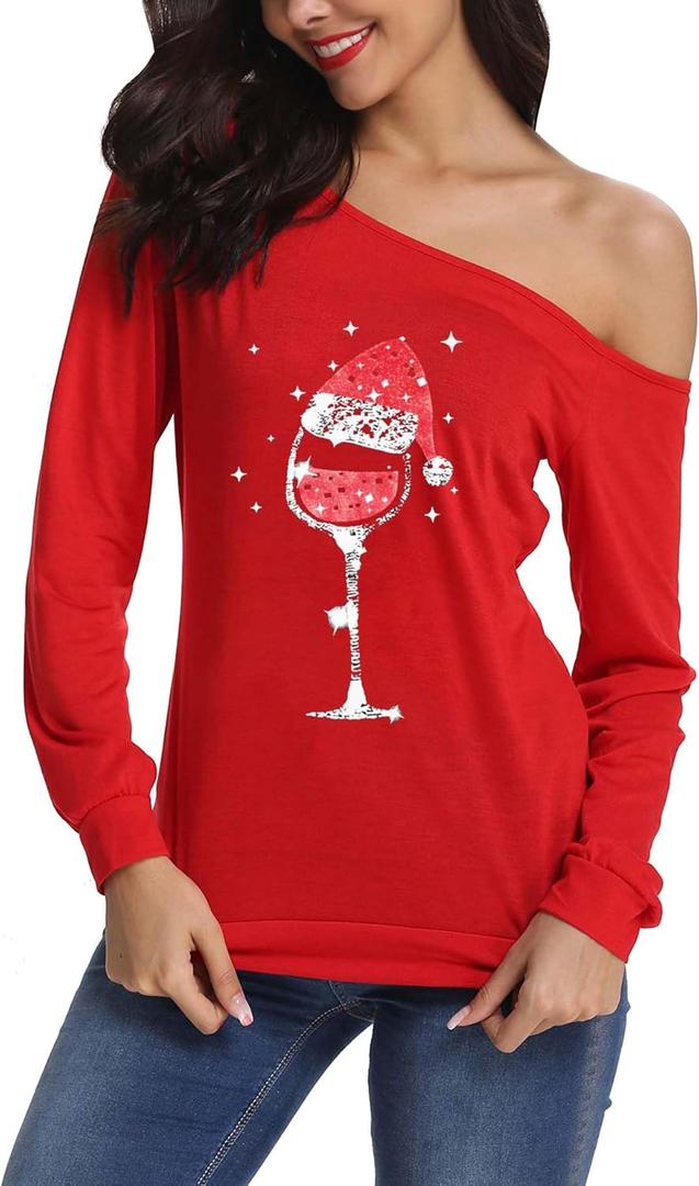 Women's Sexy Off Shoulder Christmas Print T-Shirt Long Sleeve Holiday Merry Xmas Tunic Tops (Red, XXL)