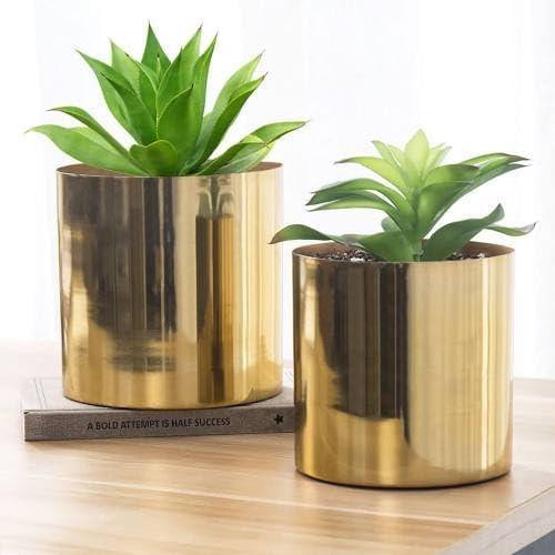 MyGift Set of 2 Handcrafted Shiny Brass-Tone Metal Plant Pots & Flower Vases Decorative Indoor Table Planters, Handmade in India
