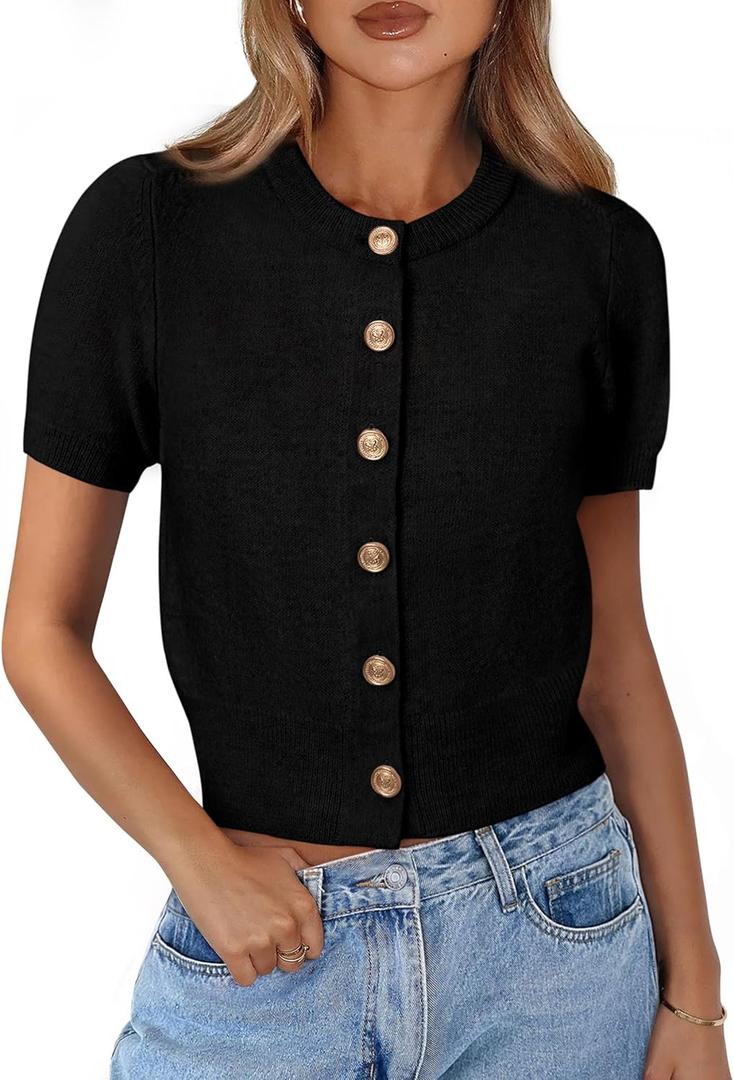 PRETTYGARDEN Womens Casual Summer Short Sleeve Cardigans 2026 Button Down Knitted Sweater Basic Crew Neck Crop Tops (Small, Black)