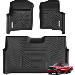 YITAMOTOR Floor Mats Compatible with 2010-2014 Ford F-150 F150 SuperCrew/Crew Cab with 1st Row Bucket Seat, Custom Fit 2 Row Set (Front & 2nd Seat), Black TPE All-Weather Guard