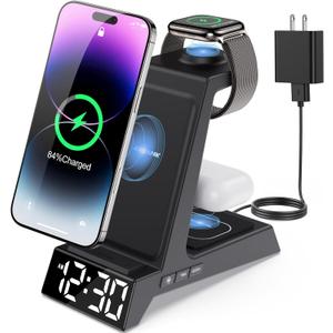 ANJANK 4 in 1 Wireless Charging Station Alarm Clock, Charging Dock for Apple Devices, Charger Stand for iPhone 17 Air 16 15 14 13 12 Series for Apple Watch 11 10 9 8 7 6 5 UItra/SE & AirPods, Dimmable (Black)