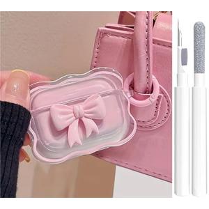 Cute AirPods Pro 2/1 Gen Clear Case, Girly 3D Bow Design Soft TPU Protective Shockproof Kawaii Apple iPod Pro 2nd/1st Generation Cover with Cleaner Pen & Keychain Girls Women 2023/2022/2019 - Pink