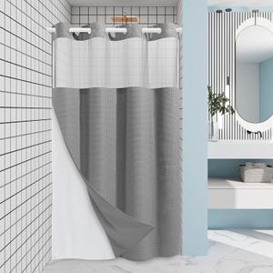 Stall No Hook Shower Curtain with Snap in Liner,230GSM Waffle Weave Shower Curtains for Bathroom,60W x 74H,Grey
