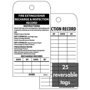 2 x NMC ST515 Accident Prevention Tag, "Fire Extinguisher Recharge and Inspection Record", 3" Width x 6" Height, Polytag, Black on White (Pack of 25)