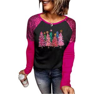Leopard Christmas Trees Snowflake Sequined Splicing Blouse T Shirts for Women Xmas Vacation Casual Long Sleeve Tees Tops (Small, Black/Pink-3)