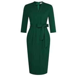 GRACE KARIN Women's Wear to Work Dresses V Neck 3/4 Sleeve Dress for Women Dark Green Cocktail Dress Semi Formal Dresses for Women with Belt,   S