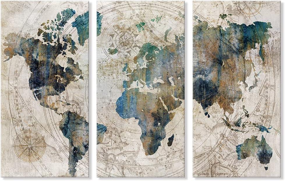 Goldfoilart Vintage World Map Canvas Wall Art Large Poster Teal Blue Painting Pictures Artwork Decor for Living Room Bedroom Office Kitchen Decorations 16" x 32" x 3pcs
