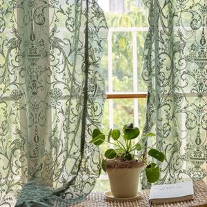 Green Sheer Curtains 84 Inch Long - Rustic Country Lace Curtains for Living Room Tulle Floral Ruffle Privacy Spring Decor Light Filtering Window Curtains, 59 x 84 Inch, Forest Green