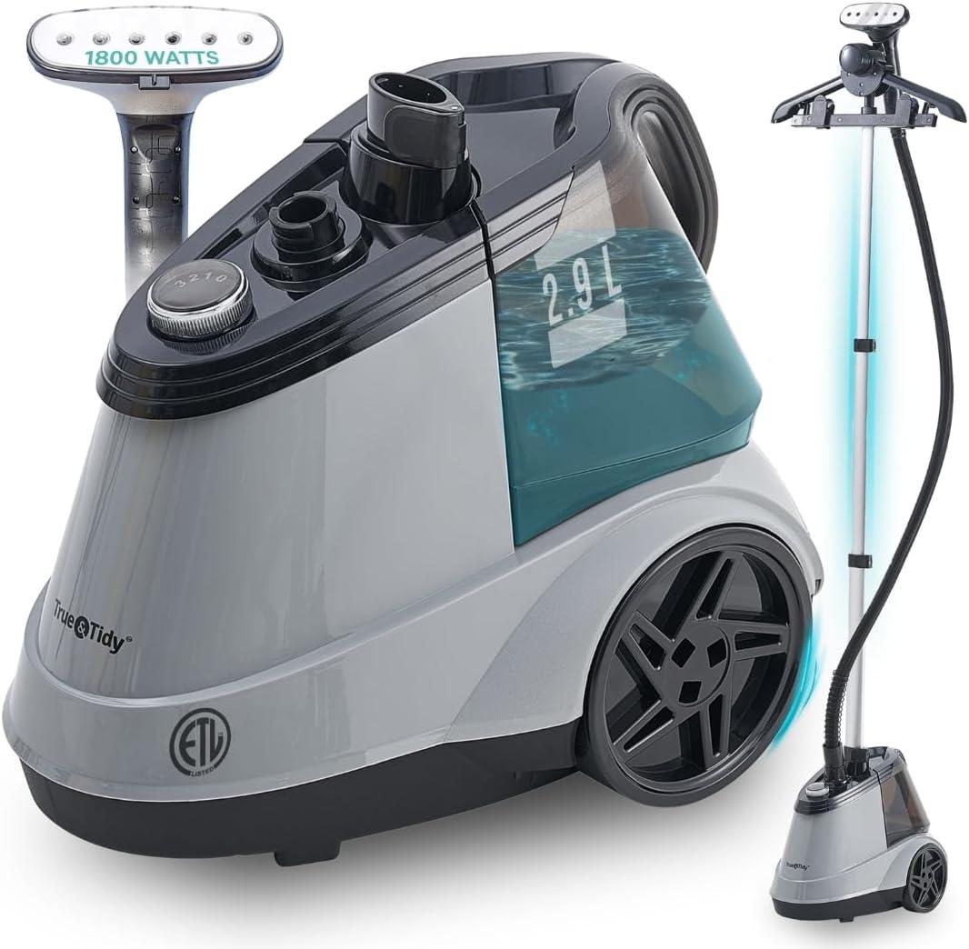 True & Tidy Heavy Duty Commercial Full Size Standing Garment Steamer for Clothes with Extra Large 2.9L (98 oz) Water Tank for 90+ mins of Steam Time, 1800 watts of Powerful Steam, 3 Settings, Gray (Commercial Garment Steamer)