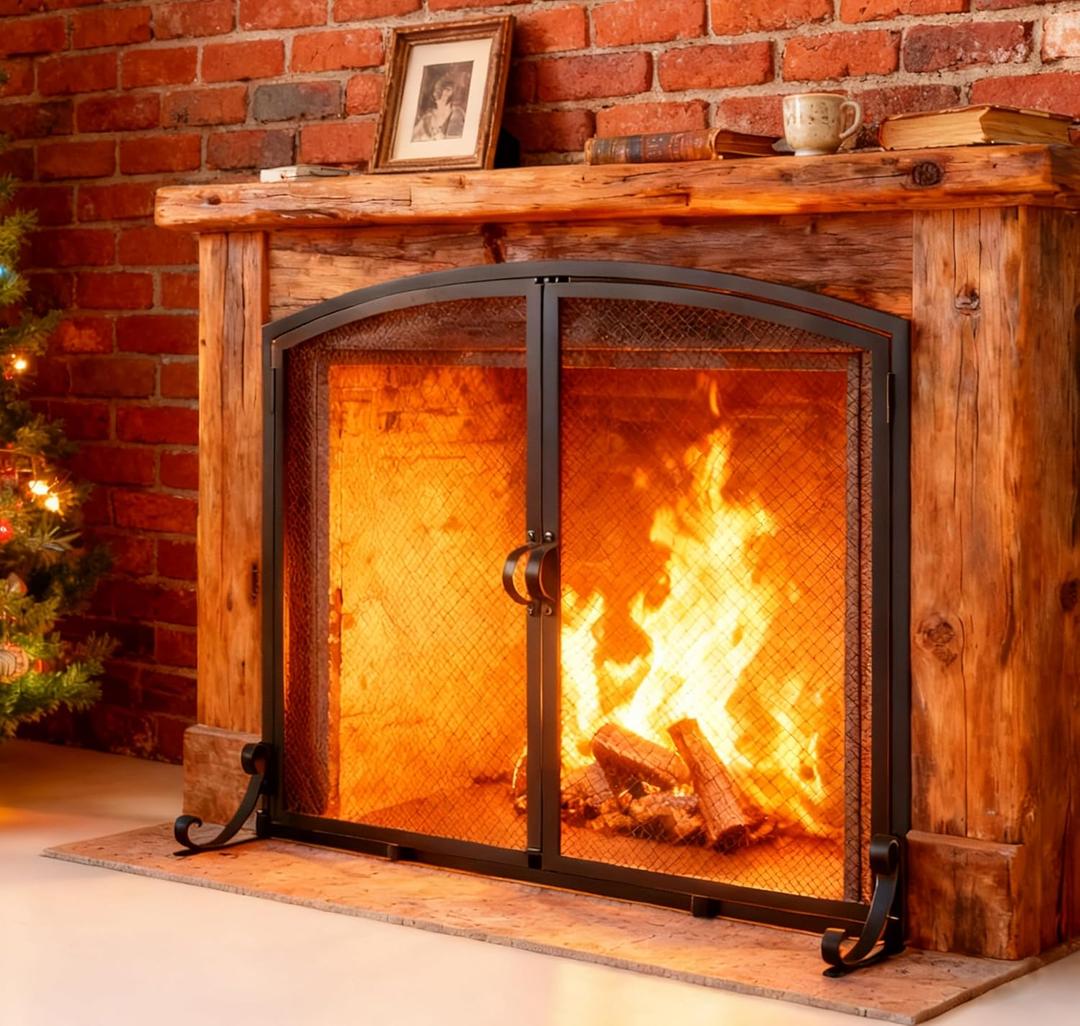 Fire Beauty 2-Pannel Fireplace Screen with Doors, Handcrafted Solid Mesh,Stable Adjustable Fit Fire Spark Guard 35" D x 28" H