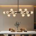 Glass Globe Sputnik Chandelier, 16-Light Mid Century Modern Light Fixture Over Table, Linear Chandeliers for Dining Room, Kitchen Island, Black and Amber Bubble, 40 Inch, GC-02