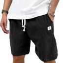 PLEPAN Mens Corduroy Shorts Casual Elastic Waist Drawstring Summer Beach Short (Medium, Black)