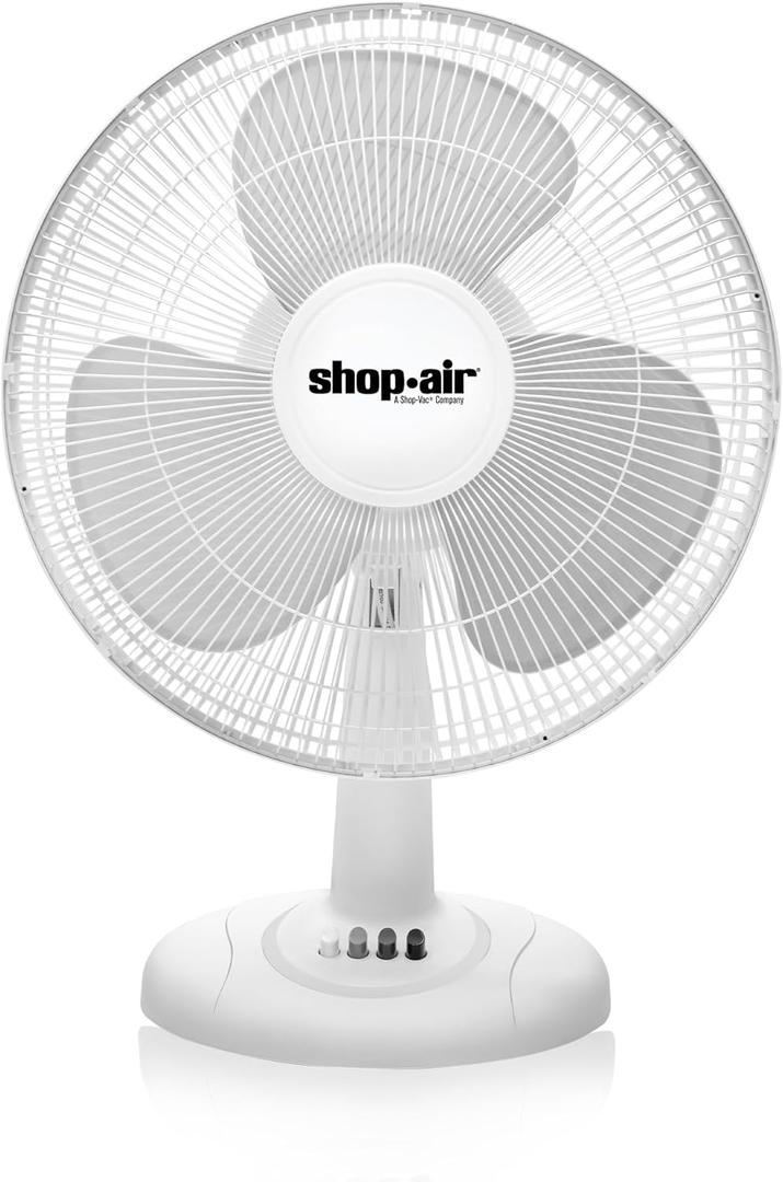 Shop-Air 16" Oscillating Table Fan, 3 Speeds, High-Velocity, Quiet & Powerful Air Circulation, 70 Adjustable Head Tilt,Ideal for Home, Bedroom or Office, White
