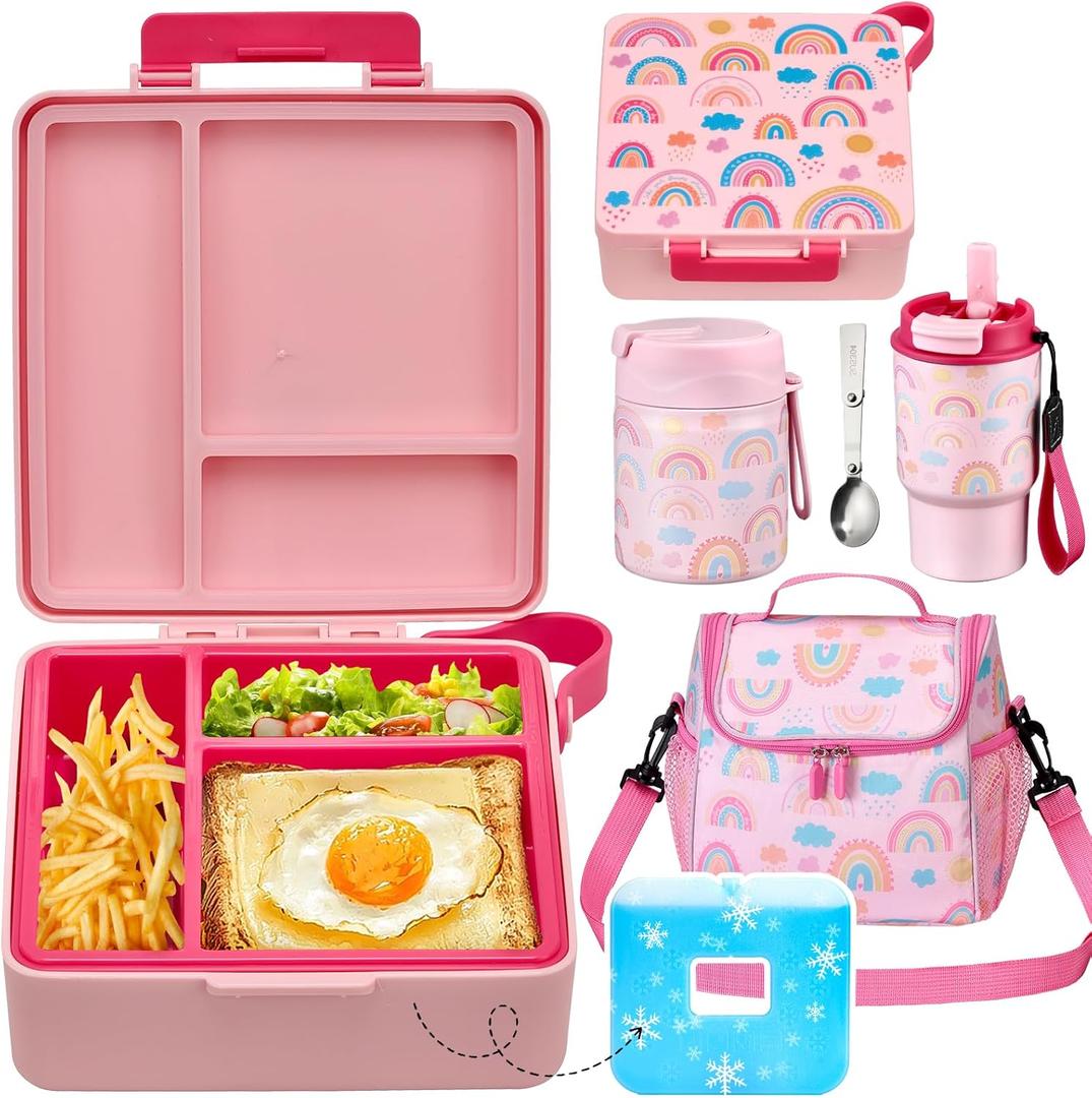 Lunch Box Set with Bento Box Container, 17OZ Stainless Steel Food Soup Thermo, Kids Water Bottle & Portable Insulated Lunch Bag Leakproof, Hot/Cold Retention for School, Travel (Pink-Rainbow)