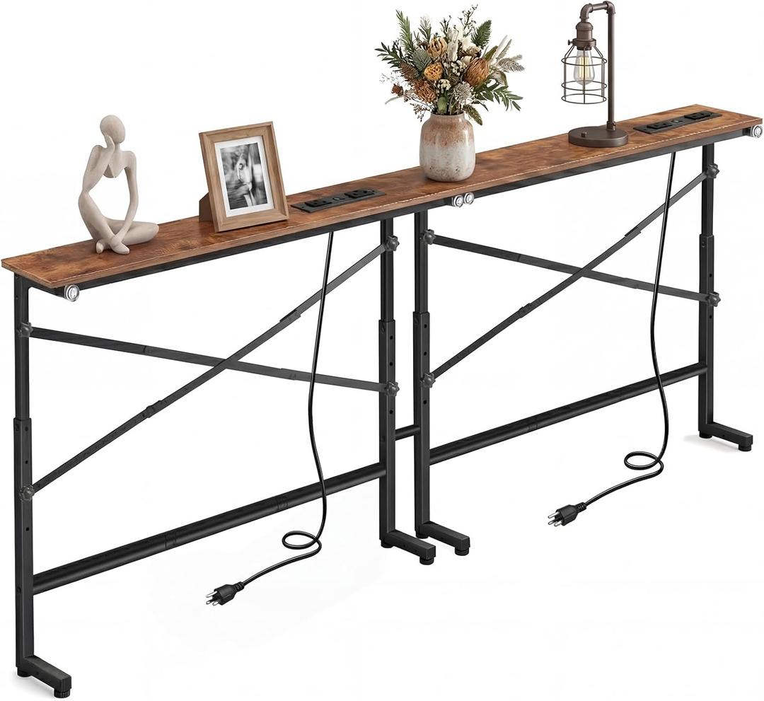 2-Pack Narrow Console Table with 2 Power Outlets & USB-C & USB, 78.8" Narrow Sofa Table with Adjustable Height 25"-32", 5.9" Skinny Behind Couch Table with Storage for Living Room, Entryway, Brown