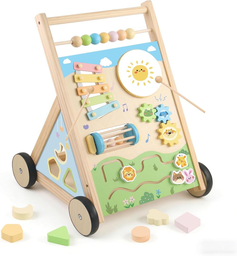Wooden Baby Walker, Baby Walker with Wheels, Includes Montessori Sensory Toys and Activity Center, 6-18 Months for Boys and Girls, Medium