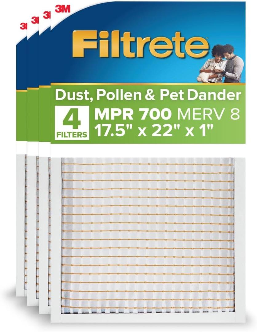 Filtrete 17.5x22x1 AC Furnace Air Filter, MERV 8, MPR 700, Tough on Pollen, Easy on Airflow, 3-Month Pleated 1-Inch Electrostatic Air Cleaning Filter, 4-Pack (Actual Size 17.19 x 21.69 x 0.81 in)