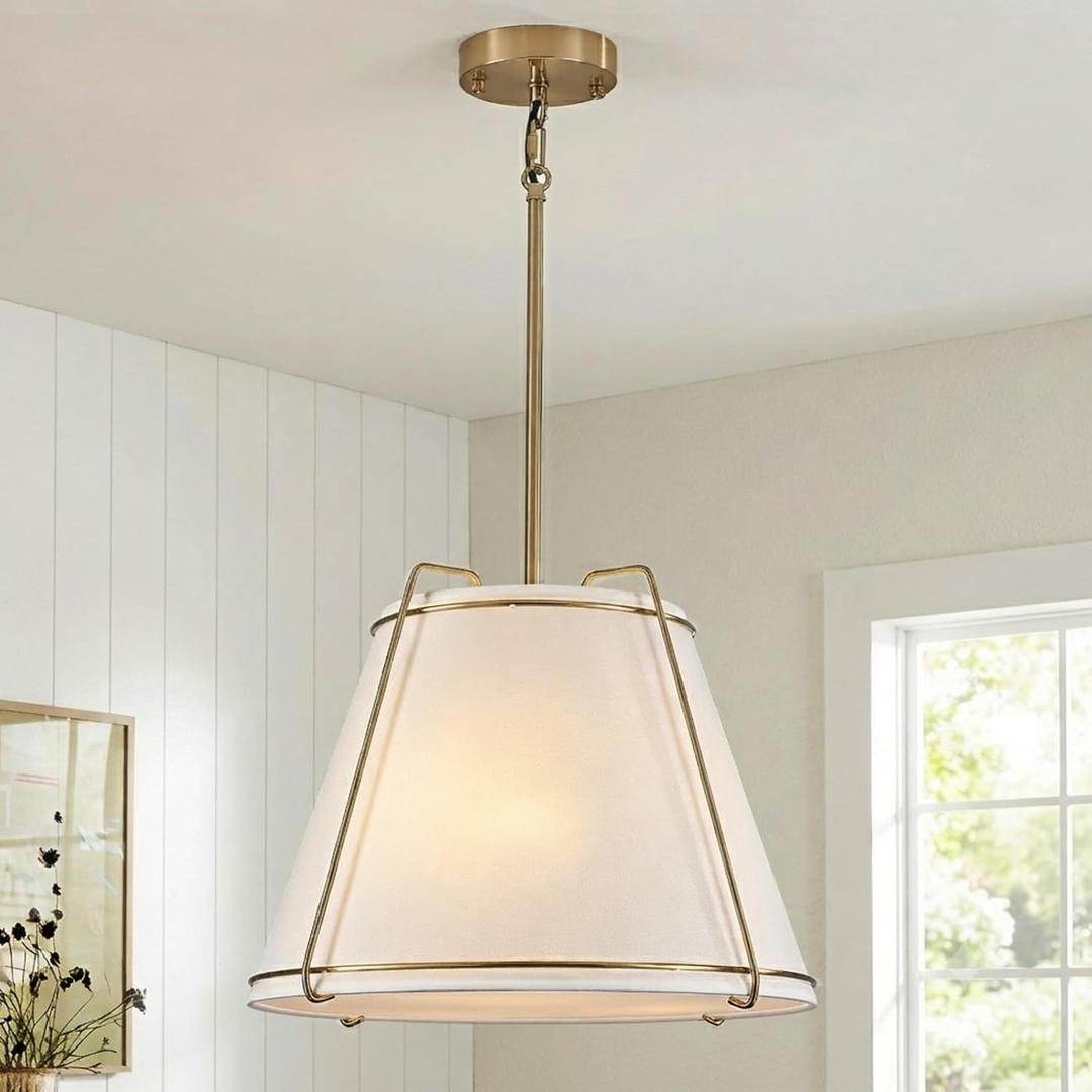Modern Pendant Light Fixtures with White Tapered Fabric Shade, 16" Drum Pendant Hanging Light, 3-Light Gold Chandeliers for Kitchen Island, Dining Room, Entryway, Foyer, Bedroom