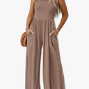 PRETTYGARDEN Women's Summer Jumpsuits Dressy Casual One Piece Outfits Linen Smocked Spaghetti Strap Pockets Wide Leg Rompers M