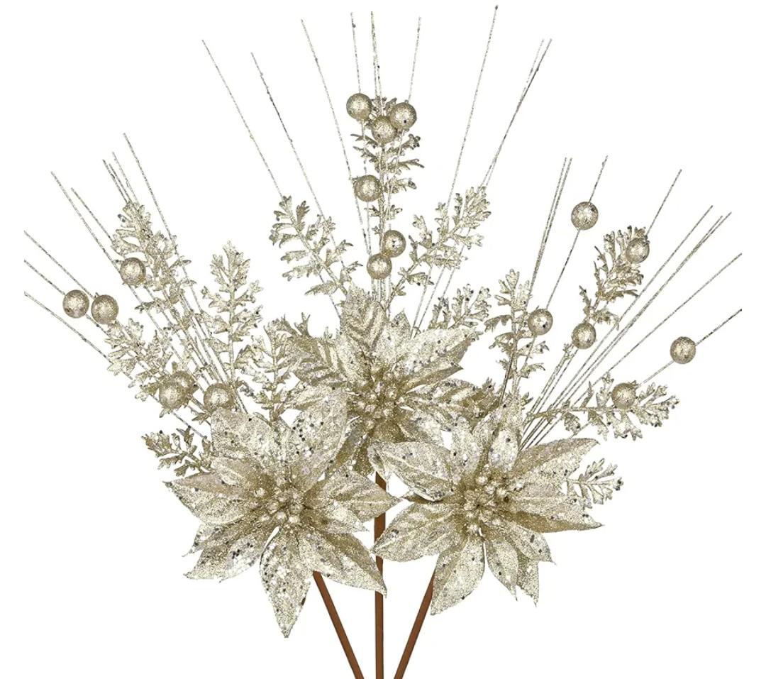 3 Pcs Champagne Artificial Poinsettia Flowers Picks Glitter Christmas Floral Picks and Sprays Christmas Fake Flowers Stems with Berries Pine Branches Fillers for for DIY Centerpieces Vase Decor