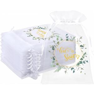Windyun 200 Pcs Love Is Sweet Organza Bags for Wedding Treat 4 x 6 Inch Wedding Favor Candy Gift Bags Bulk Small Sheer Eucalyptus Leave Jewelry mesh pouches with Drawstring for Baby Shower Supply