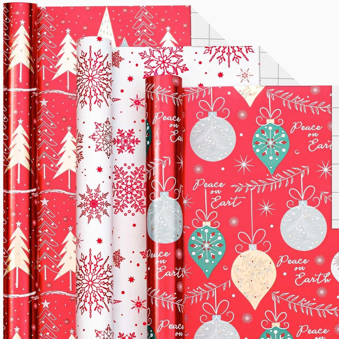 Merture Christmas Wrapping Paper Roll Set - 3 Rolls - 17 In X 120 In, Gift Wrap with Foil Jingle Bell, Snowflakes, Christmas Tree Design, Red & White