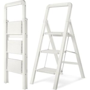 Step Ladder 3-Step White Finish Aluminum Folding Step Ladders,Anti-Slip Max 330 lbs