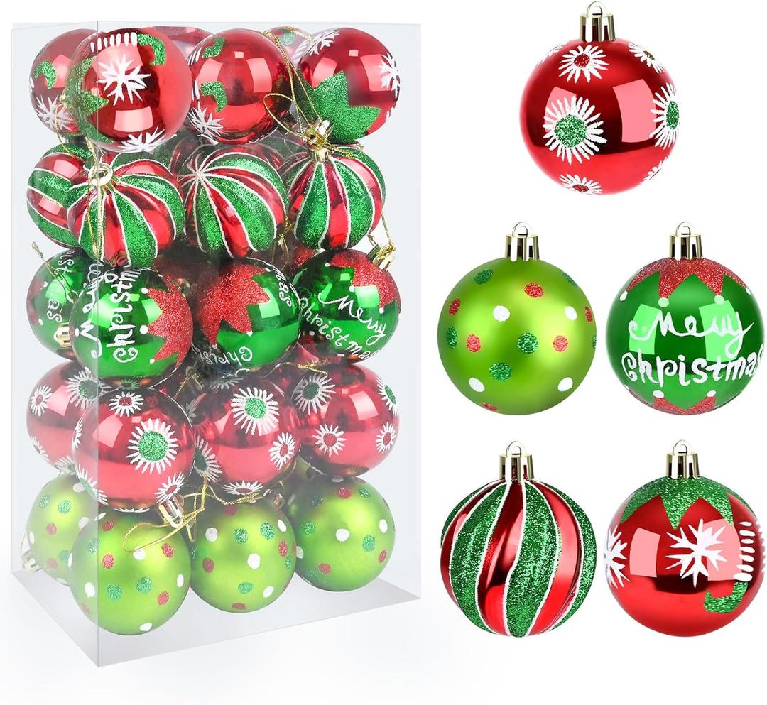 Christmas Ornaments - 30 Pcs 2.4 Inch Shatterproof Plastic Balls Sets, Red & Green Small Tree Hanging Ornaments for Holiday Wreath Party Christmas Tree Decor (A)
