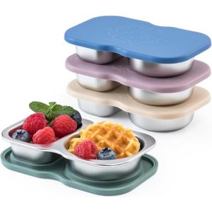 VITEVER 4 Pack Small Stainless Steel 2-Compartment Snack Containers with Lids, Reusable Snack Pack Containers, Lunch Box Accessories,Double Compartment Salad Dressing Containers to Go, 5.3oz