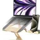 Ultra-Stable Aluminumy Laptop Stand for Desk with Foldable Phone Holder, 300% Large Base Stability, Anti-Loosening, Lectern Stand Suitable for 10"-17.3" Laptops, Champagne Golden
