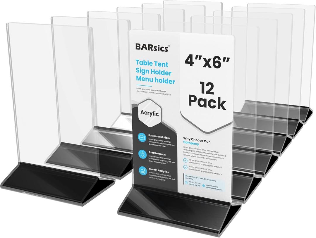 BARsics 4x6 Sturdy Table Tent Menu Holder, Commercial 2-Sided Acrylic Sign Holder (12-Pack)