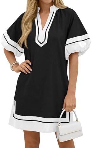 RGEWenrine Womens Summer Mini Dress Puff Sleeve Casual V Neck Color Block Side Slit Loose Shirt Dresses with Pockets L