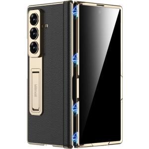 Miimall Leather Case for Samsung Galaxy Z Fold 7 with Stand,[Built-in Privacy Screen Protector and Magnetic Hinge Protection][Wireless Charging] Sturdy Luxury Bumper Cover for ZFold 7 Case Gold Black