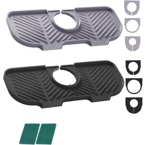 2 Pcs Silicone Faucet Splash Guard Faucet Mat for Kitchen Sink,Faucet Guard and Draining Mat,Kitchen Mat Catcher with 3 Sizes of Rubber Rings,6 Slope Sink Faucet Mat Splash Guard (Gray,Black)