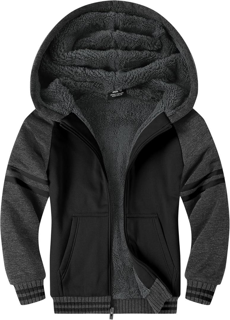SECOOD Kids Hoodie Fleece Jacket Warm Sherpa Lined Zip Up Hooded Sweatshirt Soft Winter Coat Boys Girls School Outerwear (10-11 Years, C Black Thunderstorm)