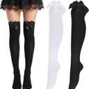 2 Pairs Knee High Socks with Bows, Bow White Stockings for Daily Wear, Stretch Girls Knee High Socks for School Uniforms, Dance, Cosplay, Costume Events(Black, White) One Size