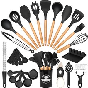 Astercook 39 PCS Kitchen Utensils Set, Silicone Cooking Utensils Set with Wooden Handle, 446F Heat Resistant Food Grade Utensil Sets, BPA Free Kitchen Gadgets Tools Set for Nonstick Cookware (Black)