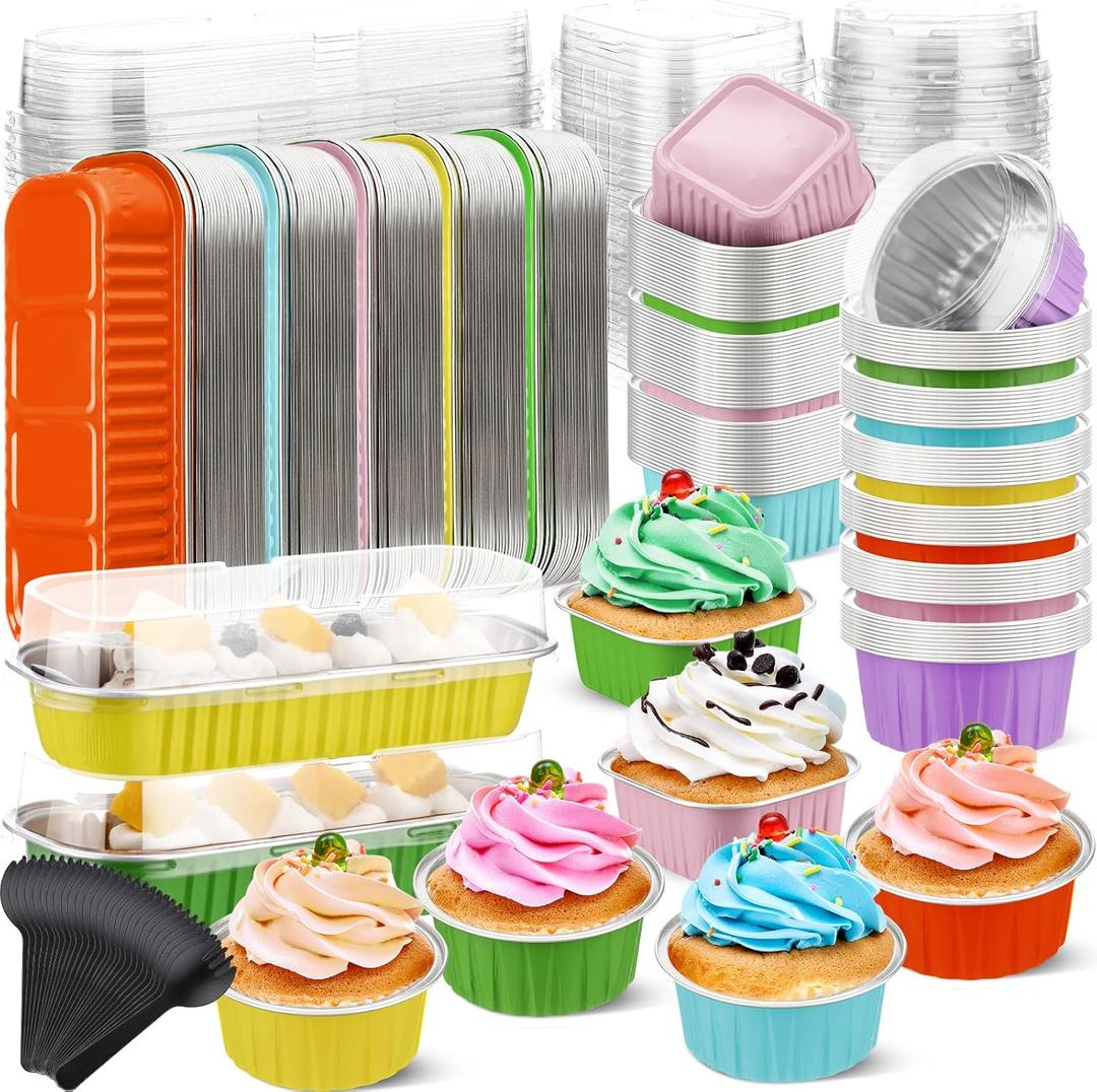 Blushtier 55 Pcs Mini Loaf Pans with Lids and Spoons 6.8 oz Rectangular Aluminum Foil Baking Pans Mini Cake Tins for Bread Desserts(Pastel Color, Rectangle and Circle Style)