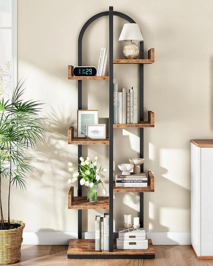 CHOEZON Corner Bookshelf, Curved 6-Tier Bookcase with Anti-Tip Kit, Adjustable Feet and Staggered Shelves for Living Room, Bedroom, Study, Office, Rustic Brown and Black TSJ06BF, 145 cm x 50 cm x 23 cm