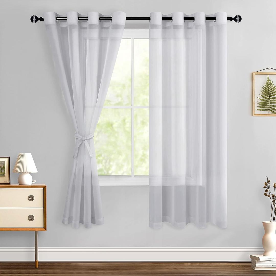 Hiasan Grey Sheer Curtains 63 Inch Length with Tiebacks, Light Filtering Voile Textured Drape Lightweight Grommet Window Curtains for Bedroom, Living Room and Office, W52 x L63, 2 Panels