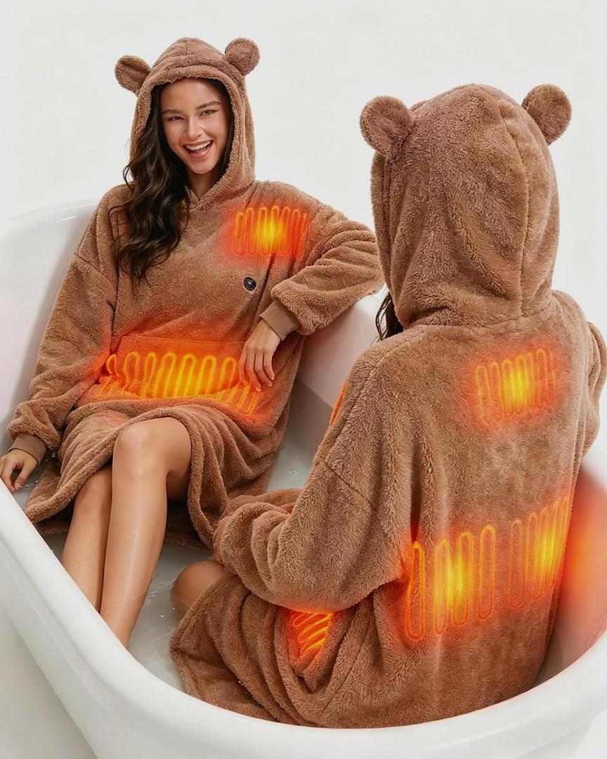 Oversized Heated Wearable Blanket, Battery Powered Fleece Hoodie Robe 7.4V 16000mAh 167F Overheat Protection, 54×28"