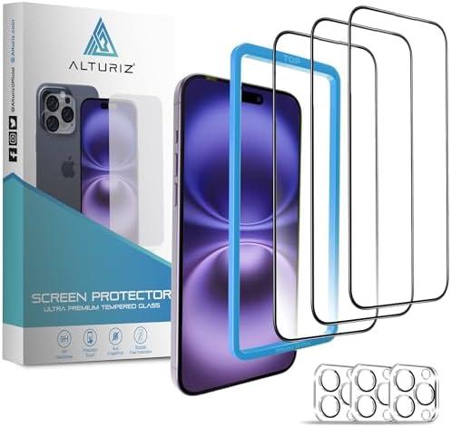 ALTURIZ 3 Screen Protectors for iPhone 15 Pro [6.1 inch] + 3 Camera Lens Protectors with Easy Installation Frame. [9H Hardness] Bubble-Free, Case Friendly, Tempered Glass, Full Coverage, Shatterproof [3+3 Pack]